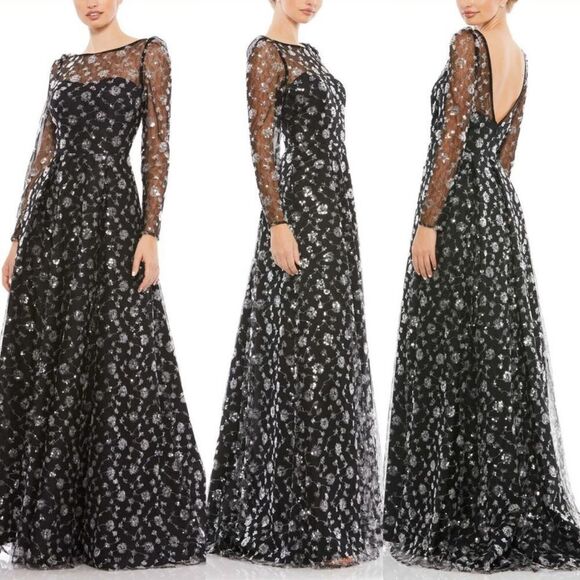 NWT Mac Duggal 12360 Illusion Long Sleeve A Line Gown Black 2 - Picture 1 of 16